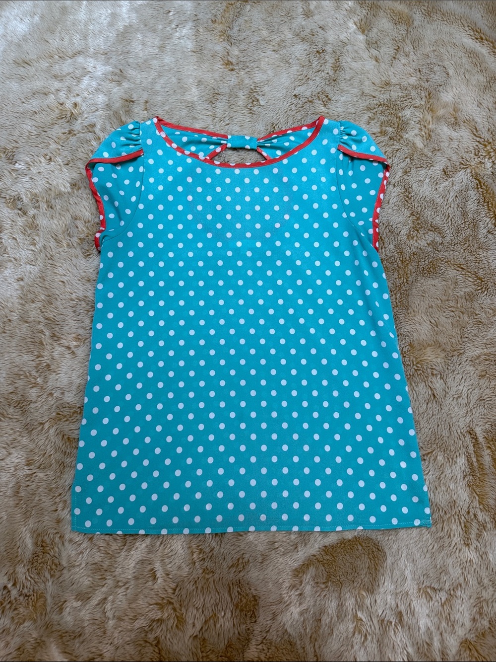 Polka Dot Turquoise Cap-Sleeve Top with Orange Trim